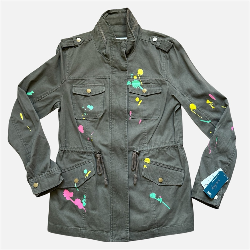 NEW Sebby Paint Splatter Utility Jacket Green Adjustable 3/4 Sleeve Women Medium